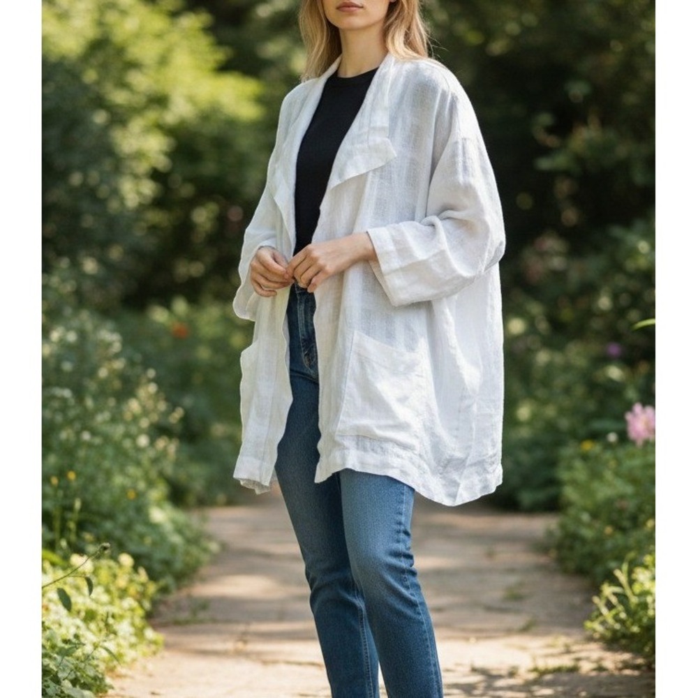 Go Silk Woman White 100% Linen Open Front Draped Cardigan Jacket 2X Lagenlook